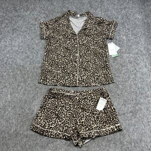 Nordstrom Pajama Set Womens Small Beige Leopard Tencel Button Shorts Sleepwear